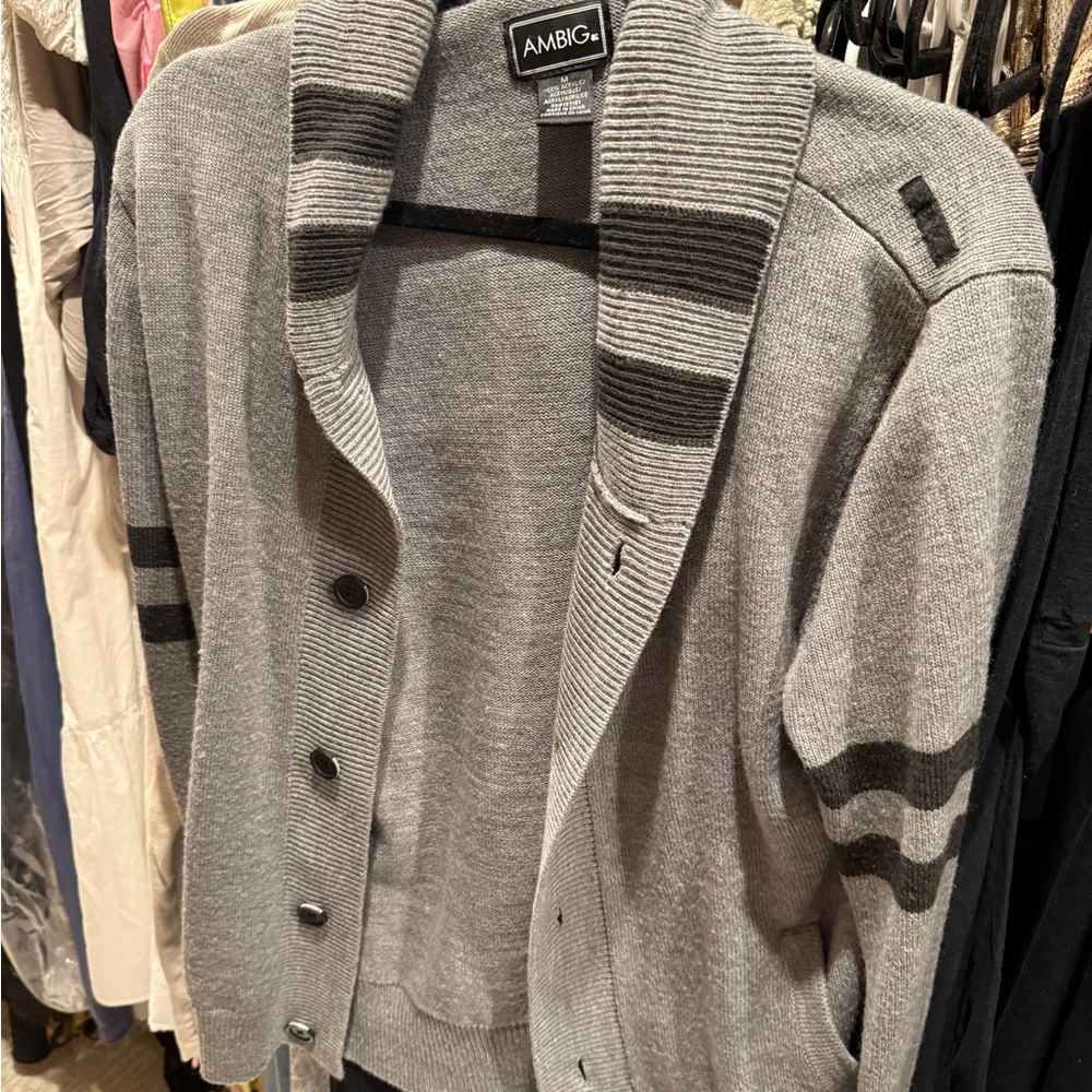 Gray and Black Cardigan Sweater with Striped Design